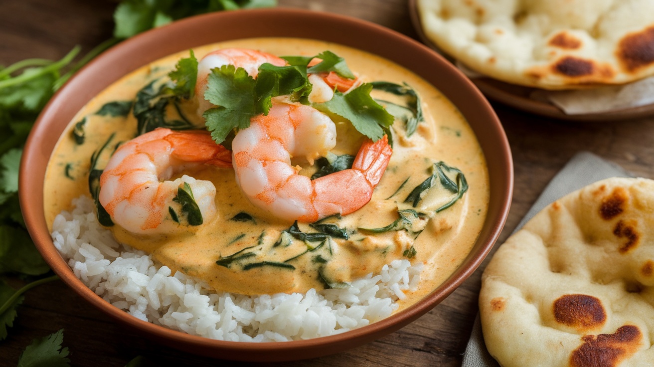 A bowl of shrimp and spinach coconut curry with rice and naan, garnished with cilantro.