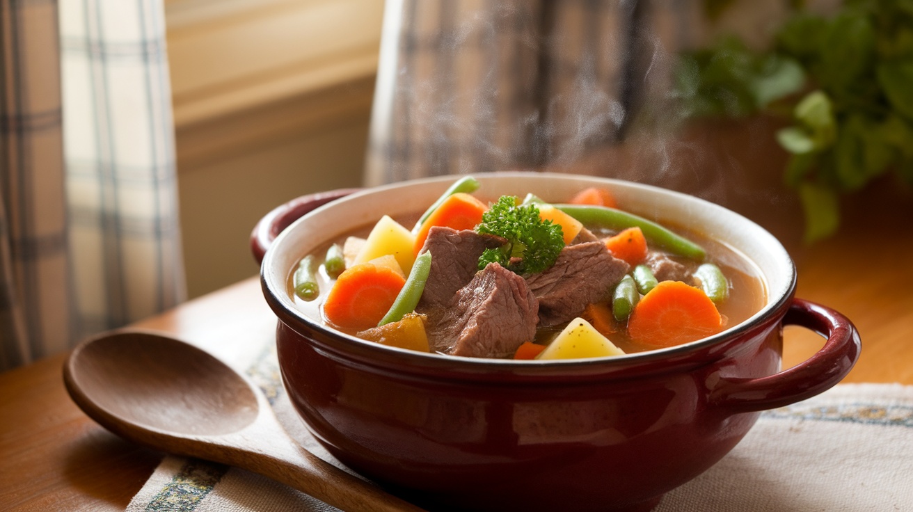 A bowl of Country-Style Vegetable Beef Soup with beef, carrots, potatoes, and green beans, garnished with parsley on a wooden table.