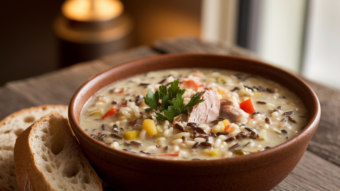 A bowl of creamy turkey wild rice soup with turkey, wild rice, and vegetables, garnished with parsley, on a rustic table with bread.