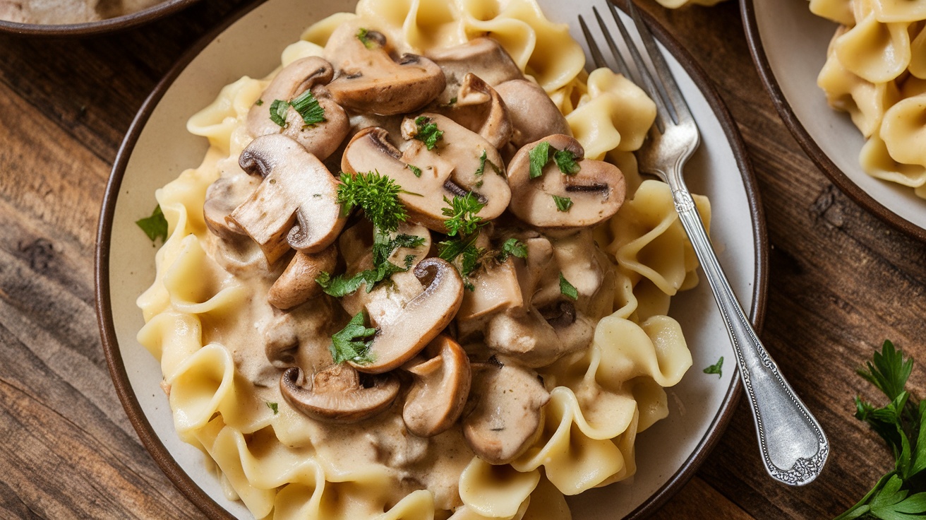 Vegan mushroom stroganoff served with wide pasta, garnished with parsley on a rustic table.