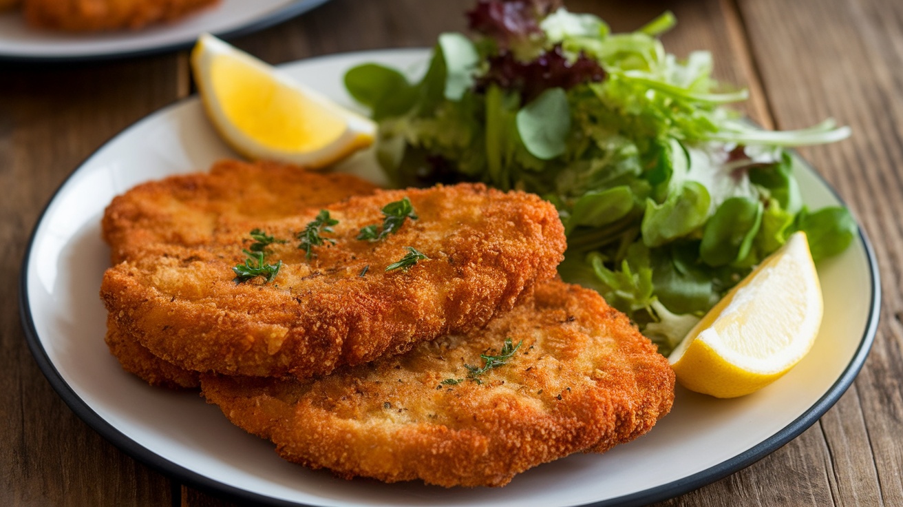 Crispy vegan schnitzel on a plate with lemon wedges and salad on a rustic table.