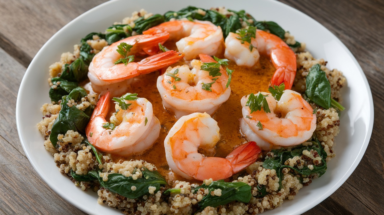 Plated Garlic Butter Shrimp with Spinach and Quinoa, featuring shrimp in garlic butter sauce, sautéed spinach, and quinoa, garnished with parsley.