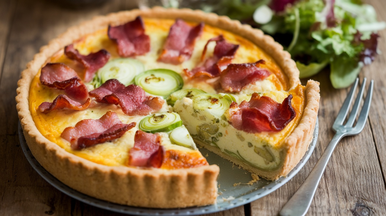 A golden-brown gluten-free bacon and leek quiche on a wooden table, with a fresh salad and a slice cut out.