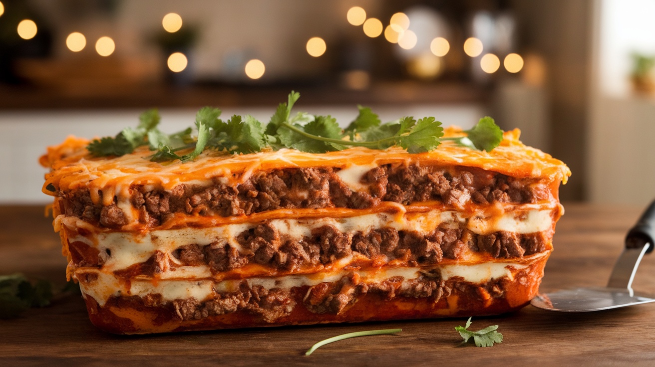 Gluten-free beef enchilada casserole layered with beef, cheese, and enchilada sauce, garnished with cilantro on a wooden table.