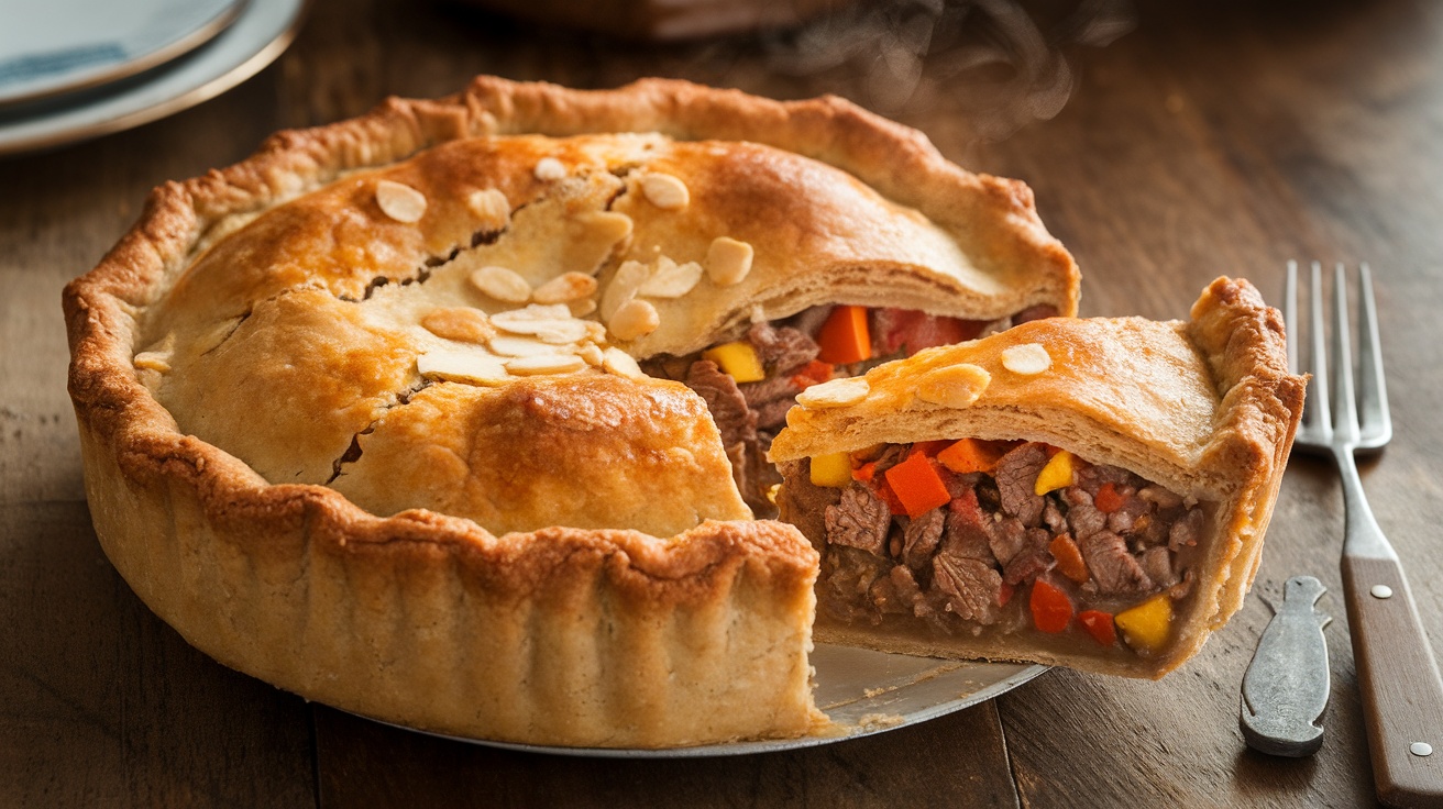 A delicious gluten-free beef pot pie with flaky almond crust, filled with beef and vegetables, on a rustic table.