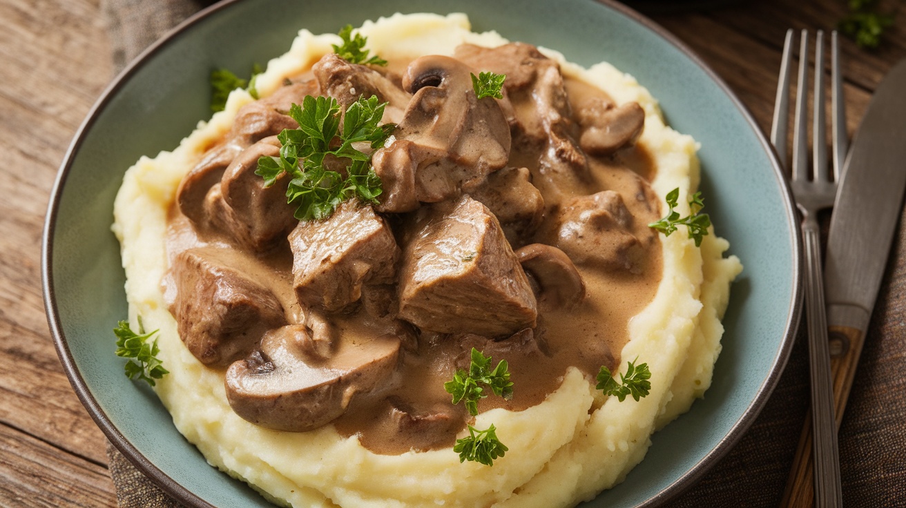 Gluten-free beef stroganoff over creamy mashed potatoes, garnished with parsley on a rustic table.