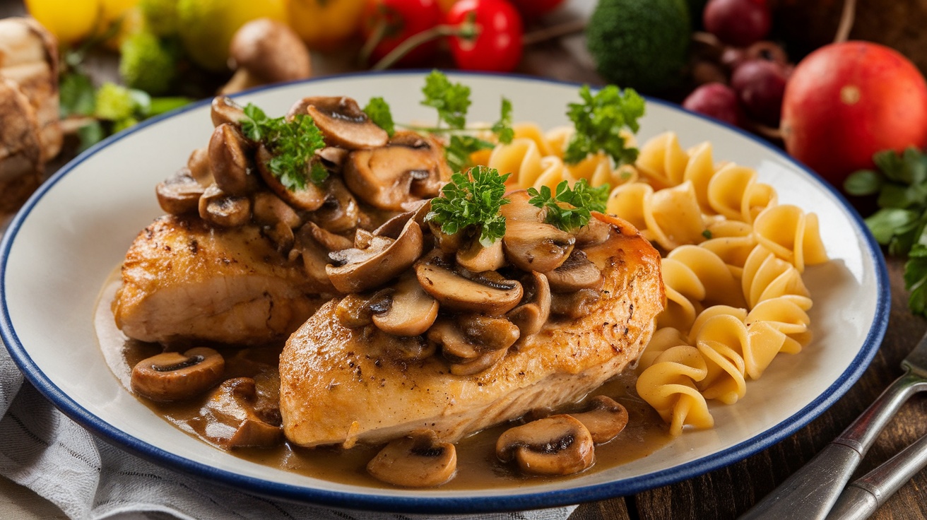 Savory Chicken Marsala with mushrooms and garnished with parsley, served with gluten-free pasta.