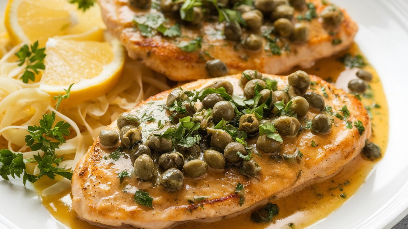 Delicious Chicken Piccata with gluten-free flour, served with lemon caper sauce and parsley garnish.