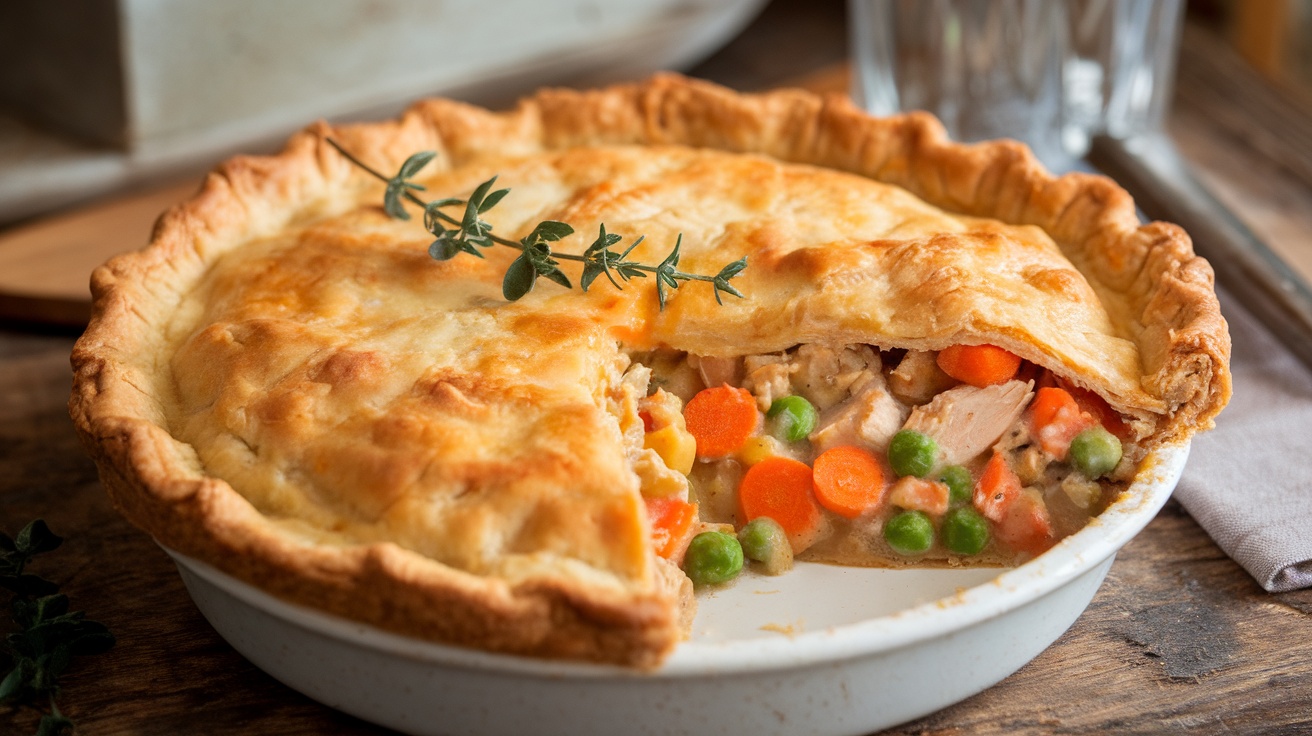 A gluten-free chicken pot pie with almond flour crust, filled with chicken, peas, carrots, and gravy, on a wooden table with a slice removed.