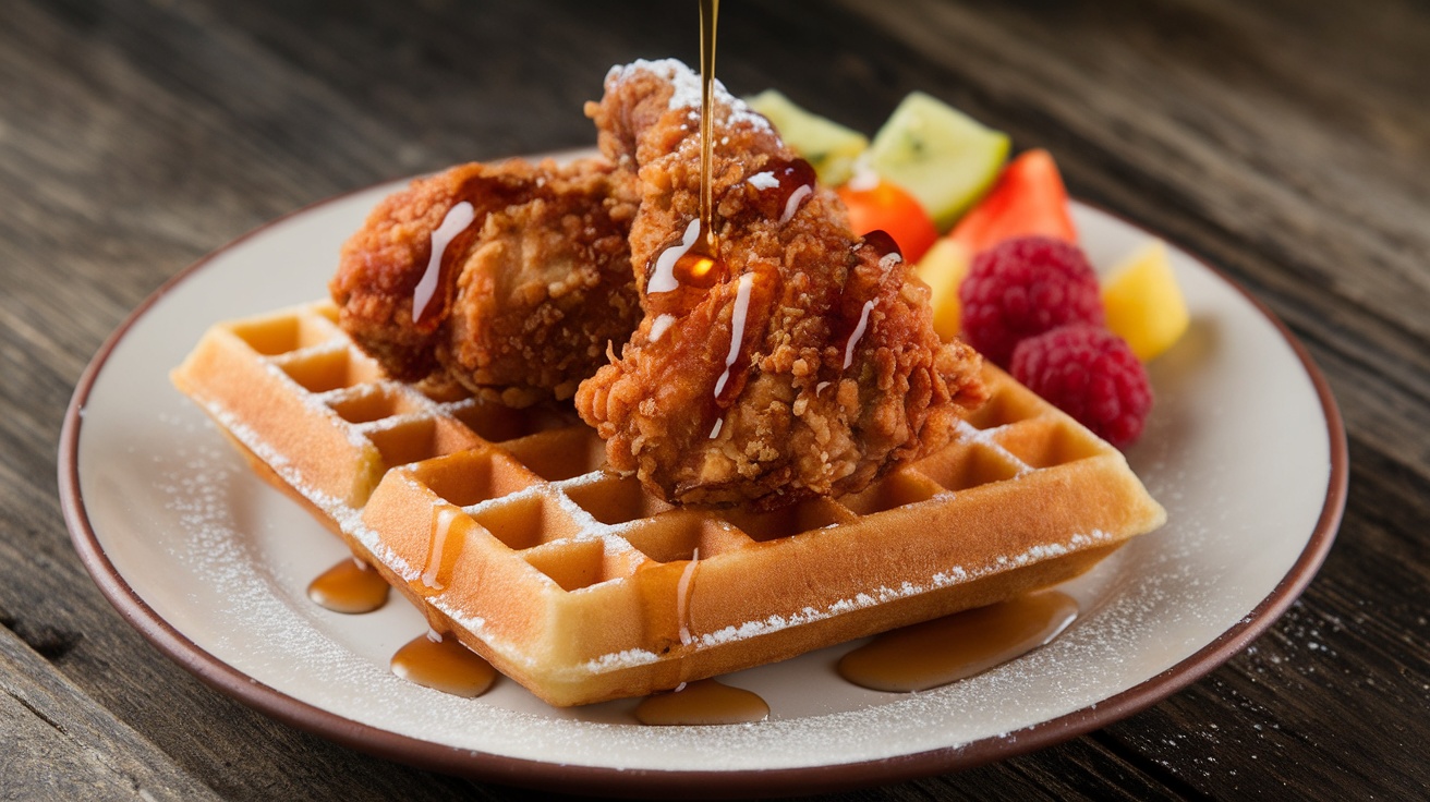 A plate of gluten-free chicken and waffles, topped with syrup and powdered sugar, surrounded by fresh fruit.