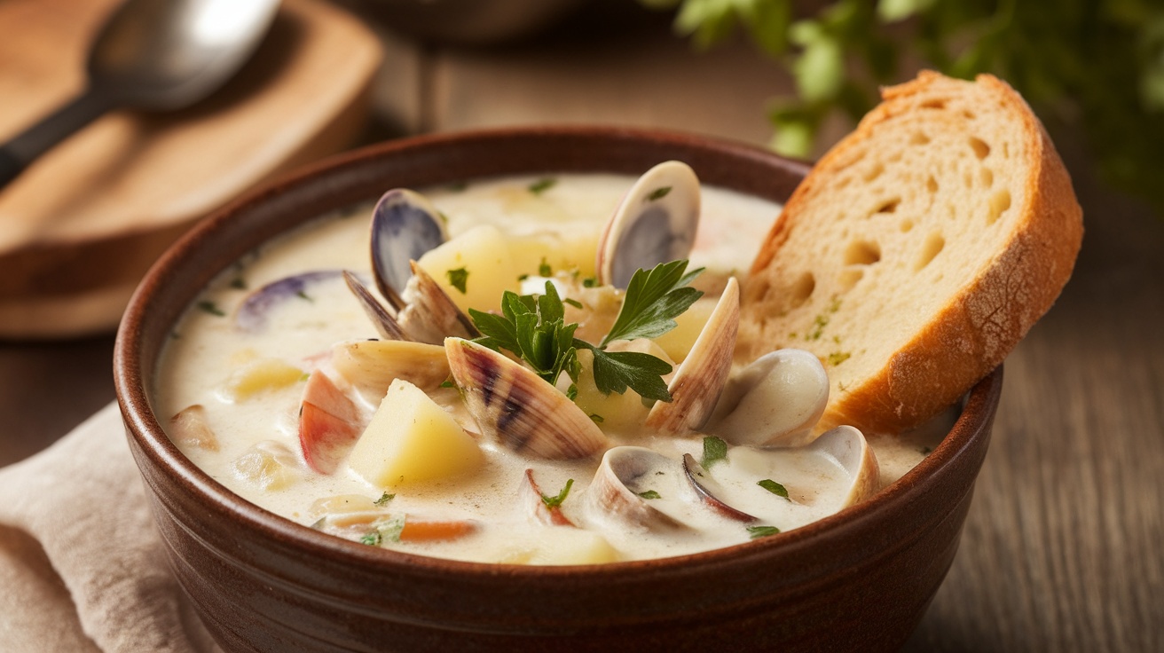 A bowl of creamy clam chowder with clams, potatoes, and parsley on a rustic table with gluten-free bread.