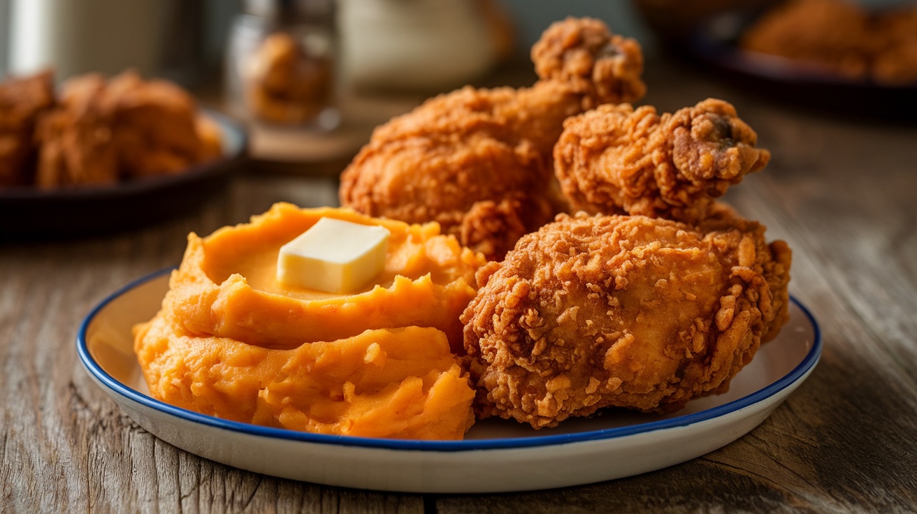 Crispy gluten-free fried chicken with creamy mashed sweet potatoes on a rustic table.