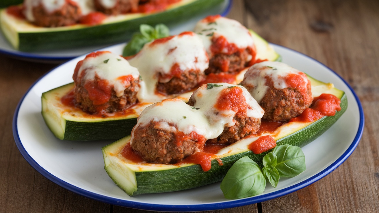 Gluten-free meatball subs in zucchini boats topped with marinara sauce and melted cheese on a rustic table.