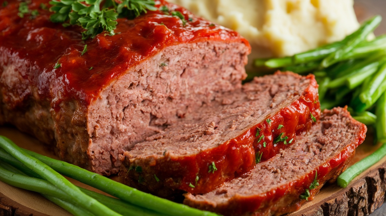 Sliced gluten-free meatloaf with tomato glaze on a wooden platter, served with mashed potatoes and vegetables.