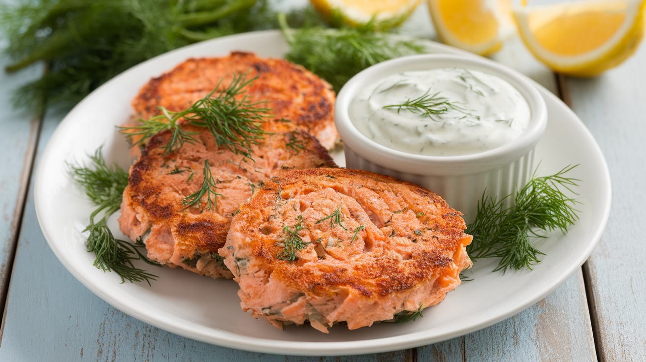 Golden salmon patties with dill sauce on a rustic plate, garnished with fresh herbs.