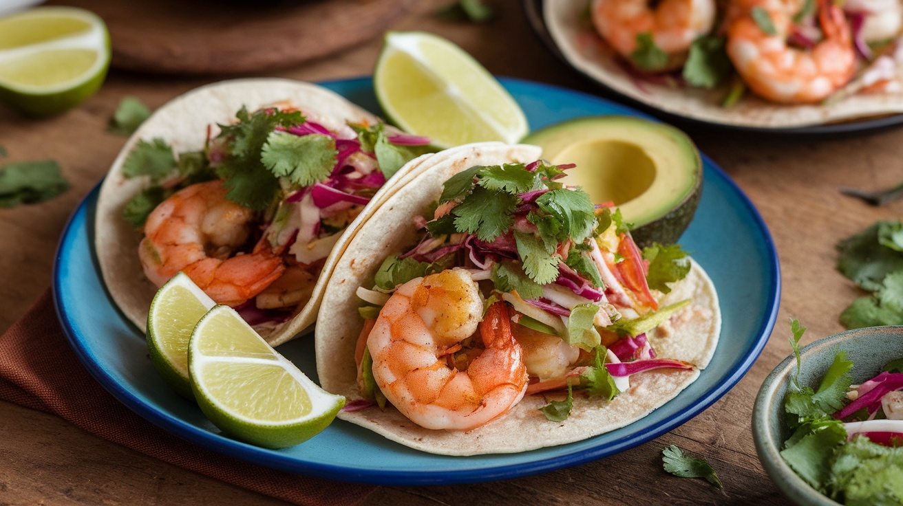 Gluten-free shrimp tacos with cilantro slaw and avocado on a rustic table.