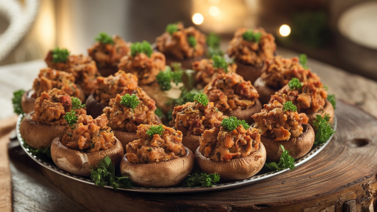 A close-up of stuffed mushrooms with sausage on a wooden platter, garnished with parsley, ready to be served.