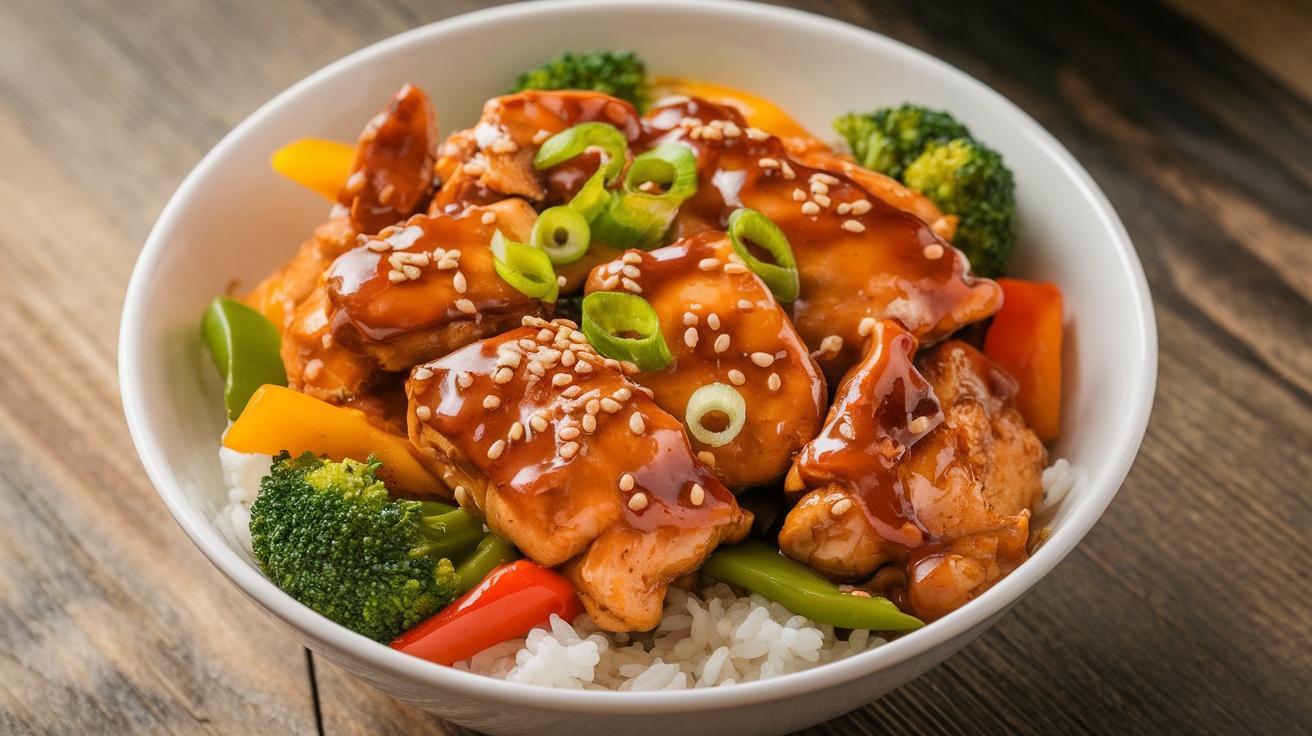 A colorful gluten-free teriyaki chicken bowl with chicken, vegetables, and rice, garnished with sesame seeds and green onions.