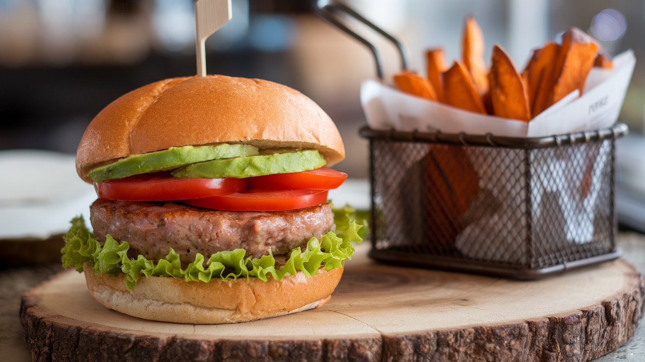 Gluten-free turkey burger topped with lettuce, tomato, and avocado, alongside crispy sweet potato fries.