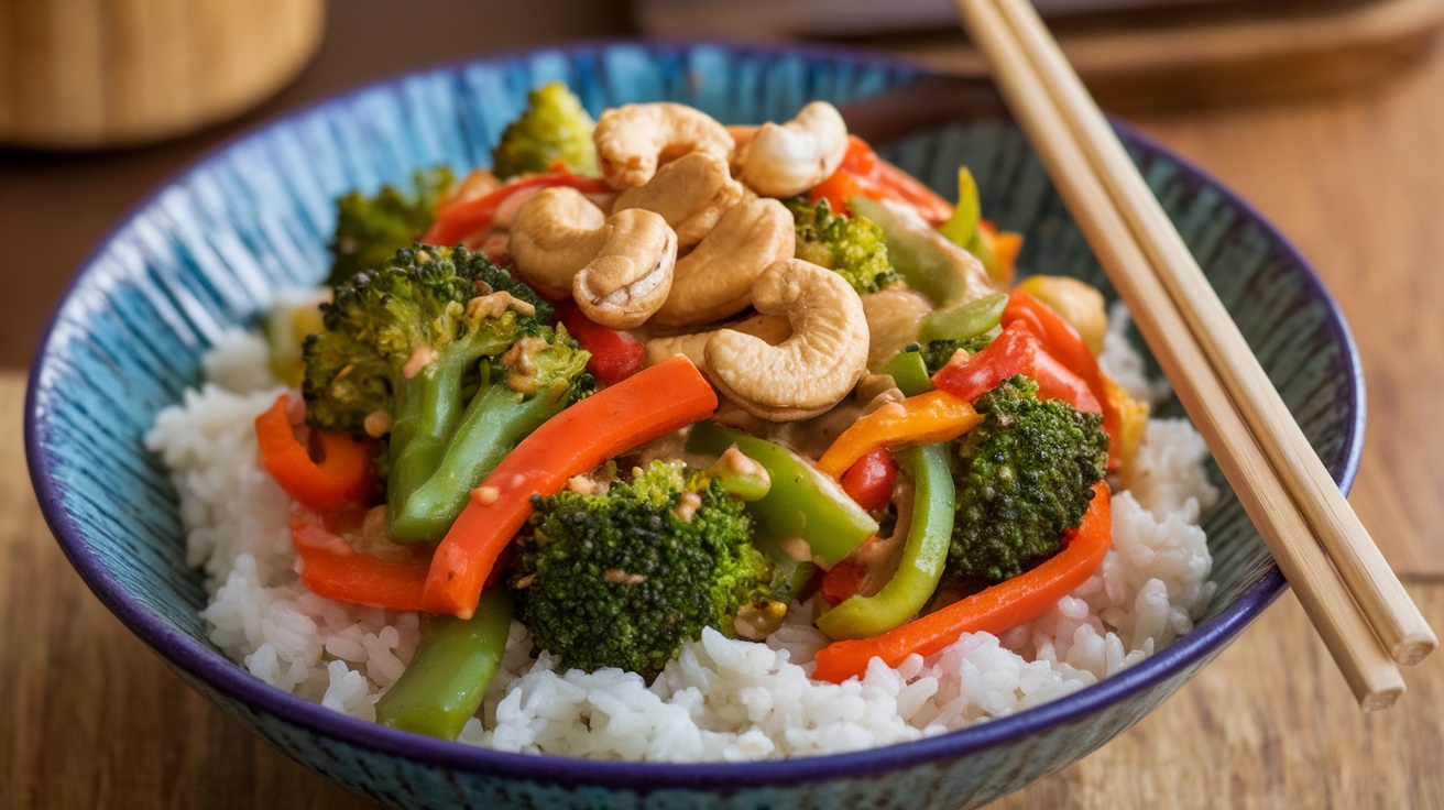 Colorful gluten-free veggie stir-fry with cashew sauce served over rice, garnished with cashews.