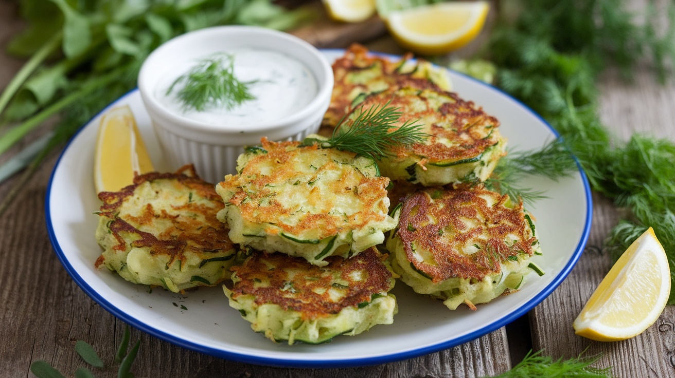 Crispy zucchini fritters with yogurt dill sauce and fresh herbs on a rustic table.