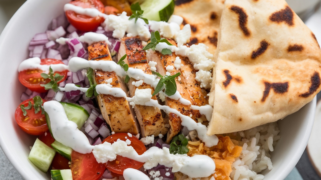 Grilled chicken gyro bowl with rice, fresh vegetables, tzatziki sauce, and optional gluten-free pita on a wooden table.