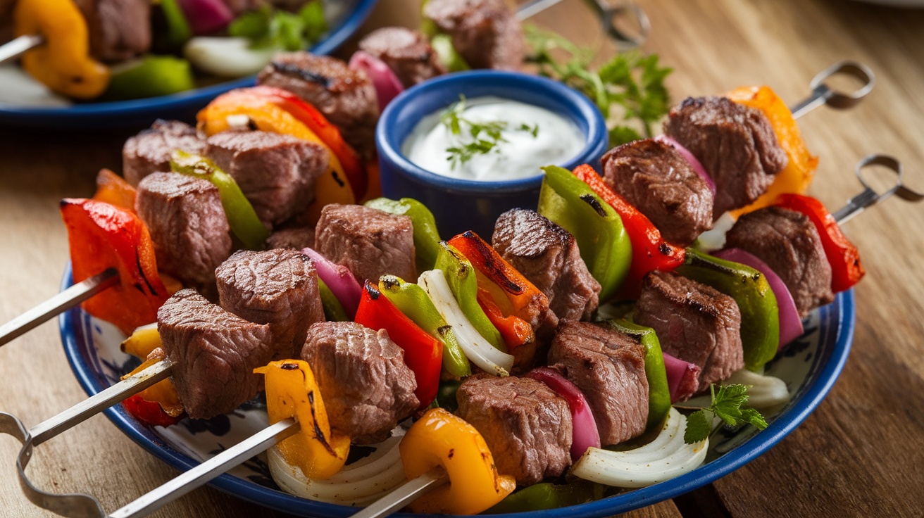 Grilled beef and vegetable kebabs with garlic yogurt sauce on a rustic platter.