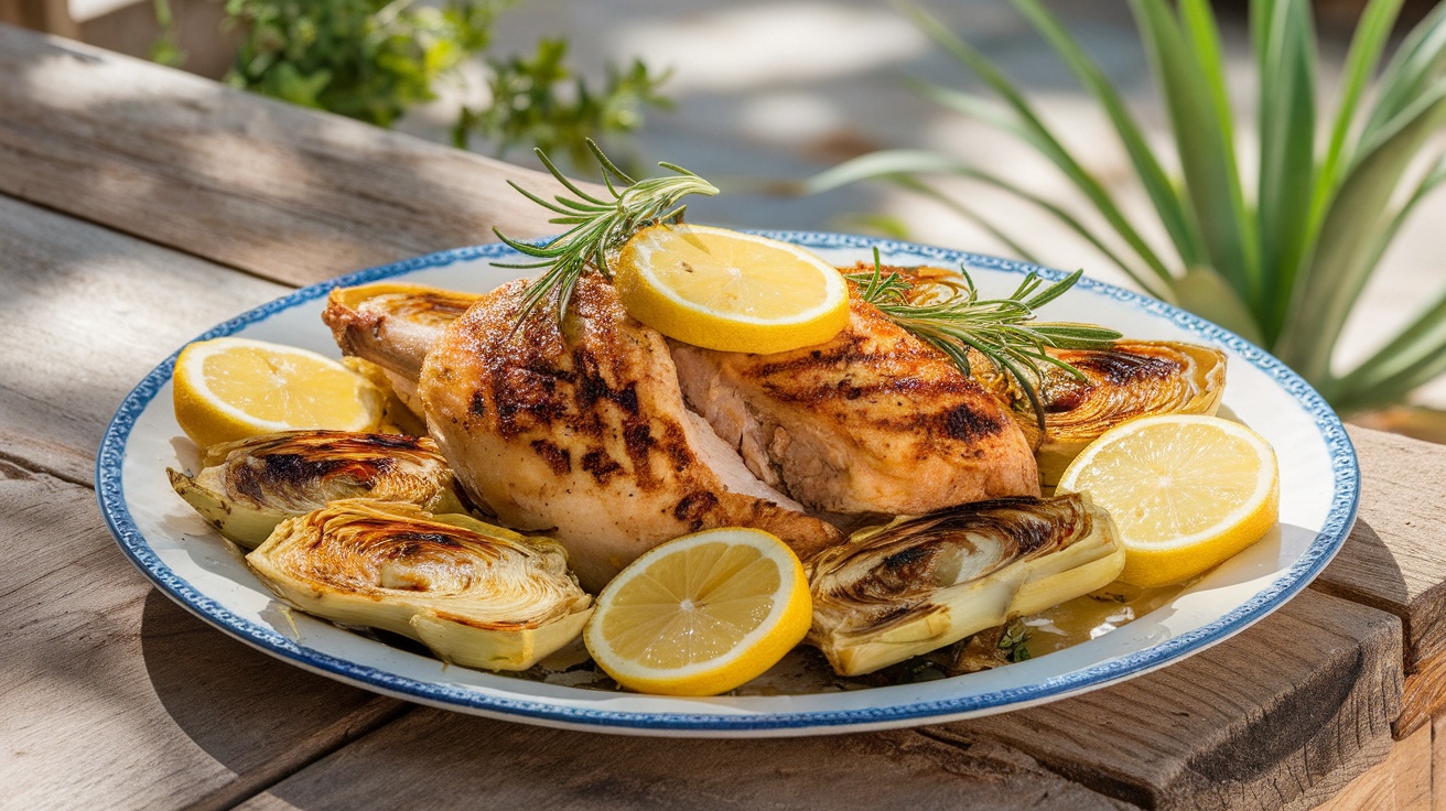 Grilled Lemon Rosemary Chicken with artichokes on a plate, garnished with lemon slices and rosemary.