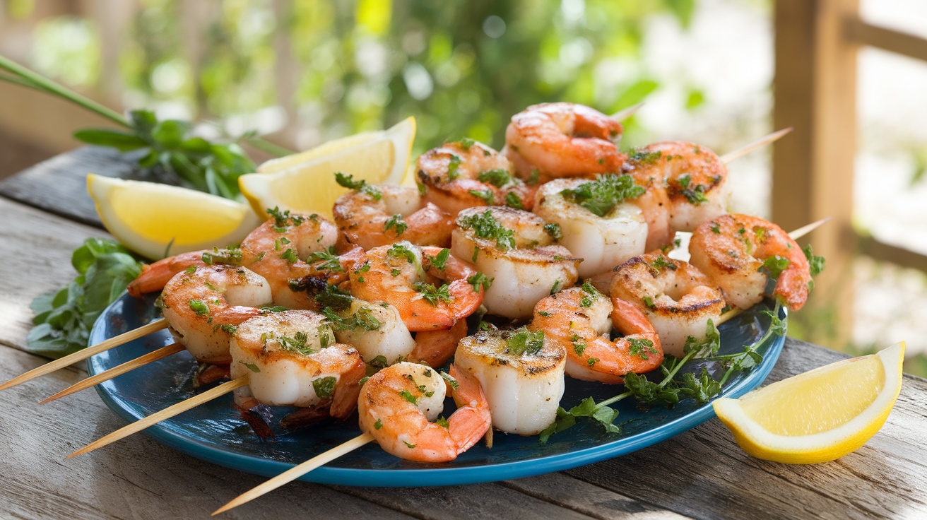 Grilled shrimp and scallop skewers with lemon herb marinade on a rustic table, garnished with herbs and lemon.