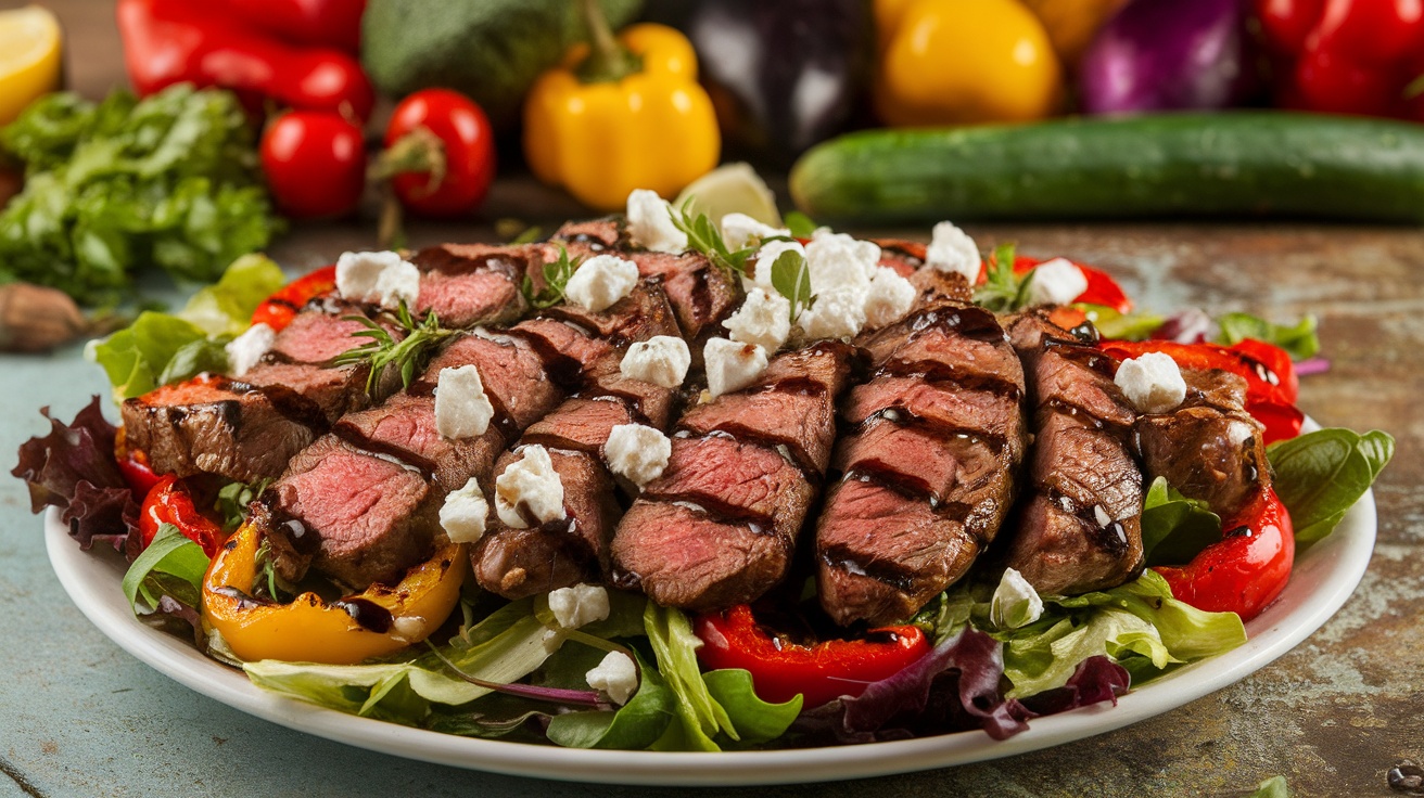 A colorful grilled steak salad with roasted peppers and balsamic dressing on a rustic table, garnished with feta cheese and herbs.