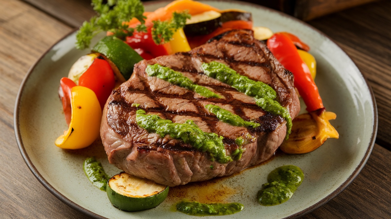 Grilled steak with chimichurri sauce and roasted vegetables on a rustic plate.