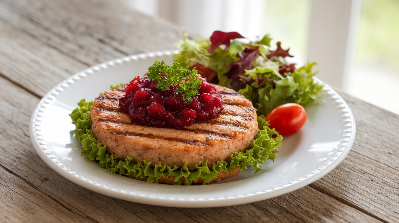 Grilled turkey patty with cranberry sauce on a plate, garnished with parsley and served with a fresh salad.