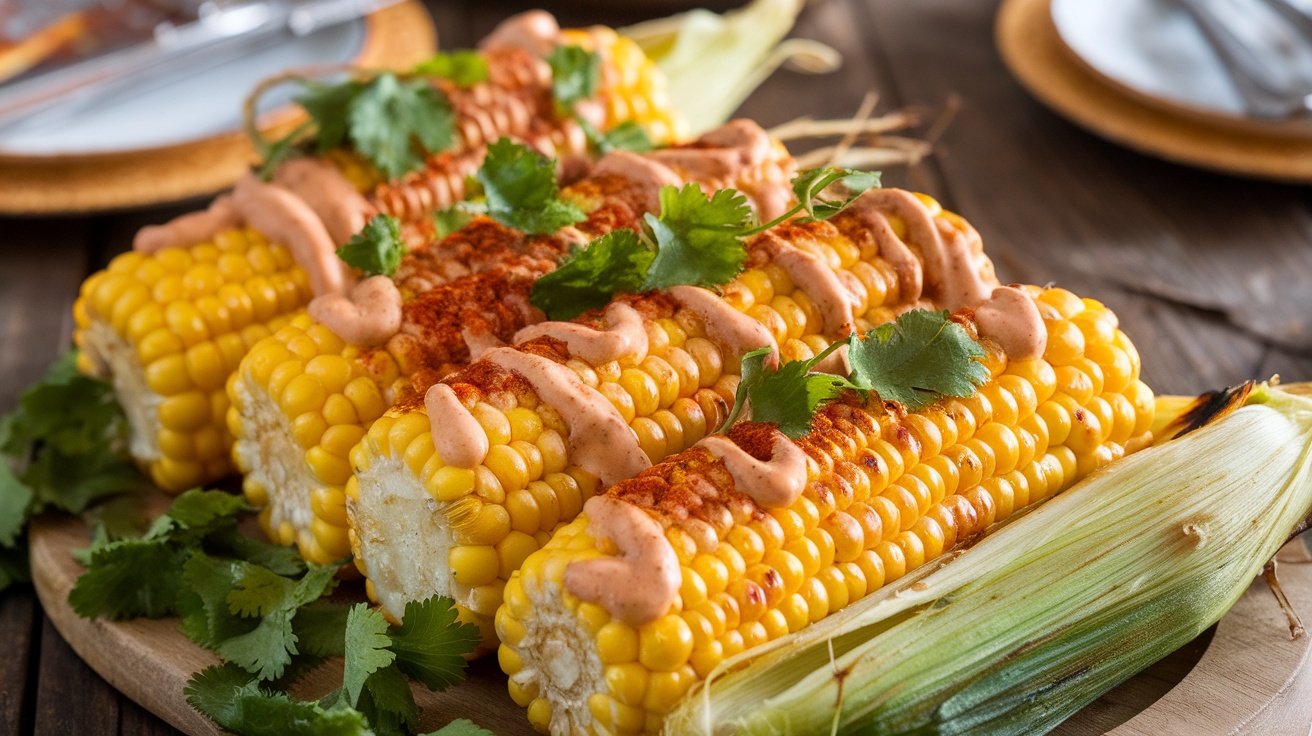 Grilled corn on the cob coated in vegan mayonnaise, topped with cilantro and chili powder, on a wooden table.