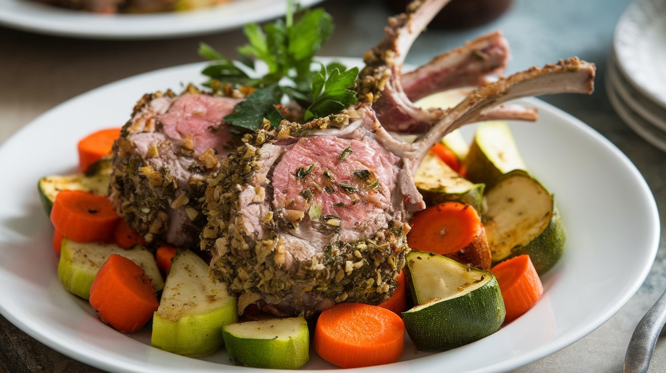 Herb-crusted lamb chops with roasted vegetables on a rustic plate, garnished with parsley.