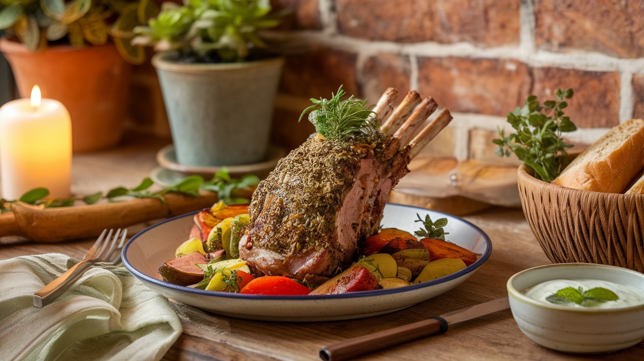 A succulent herb-crusted lamb rack with mint yogurt sauce, garnished with herbs, on a rustic wooden table.