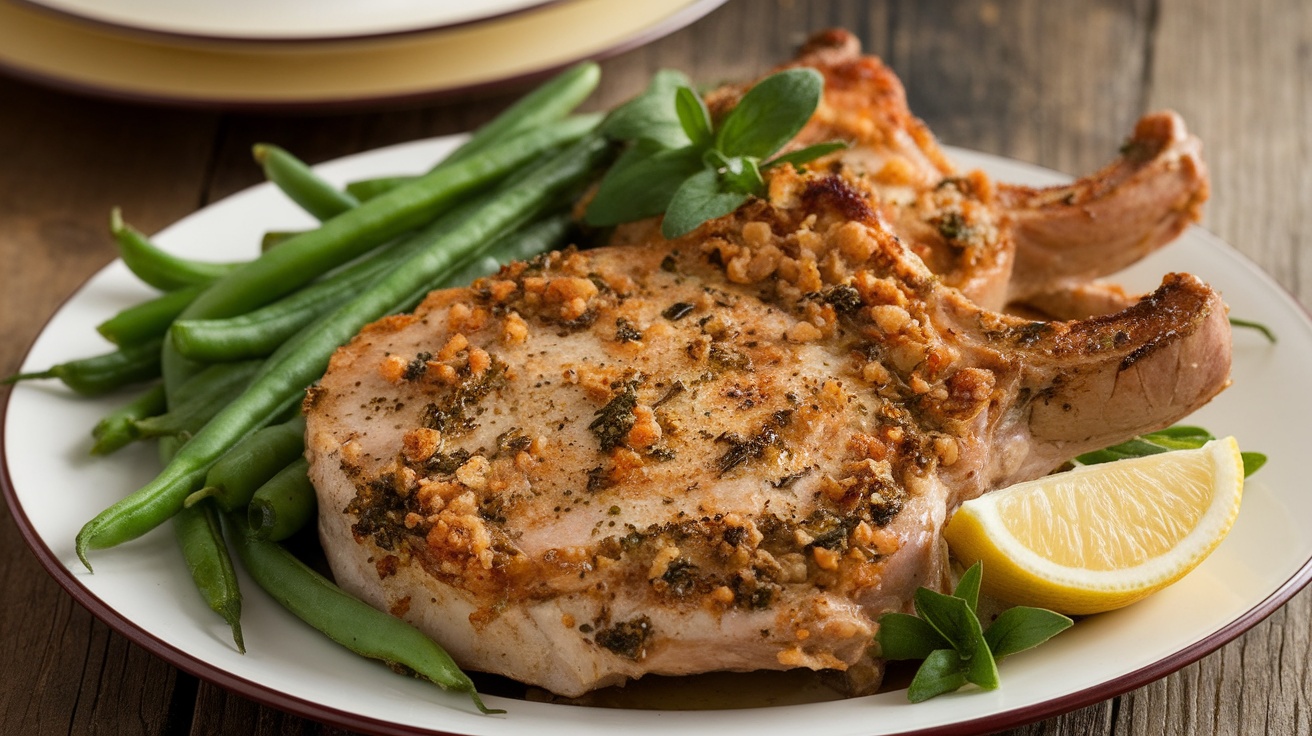 Baked herb-crusted pork chops with green beans on a rustic table, garnished with herbs and a lemon wedge.