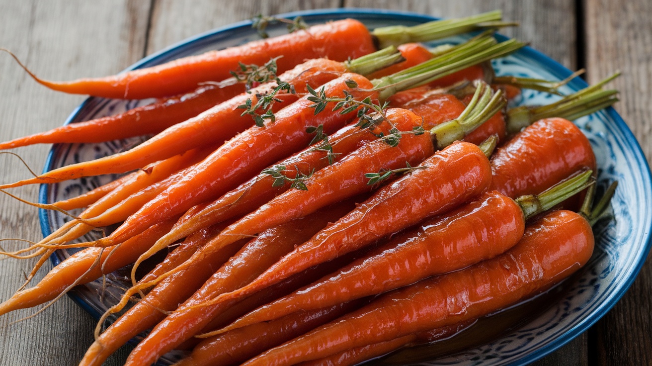 A dish of sweet honey brown sugar roasted carrots garnished with thyme, on a rustic table.