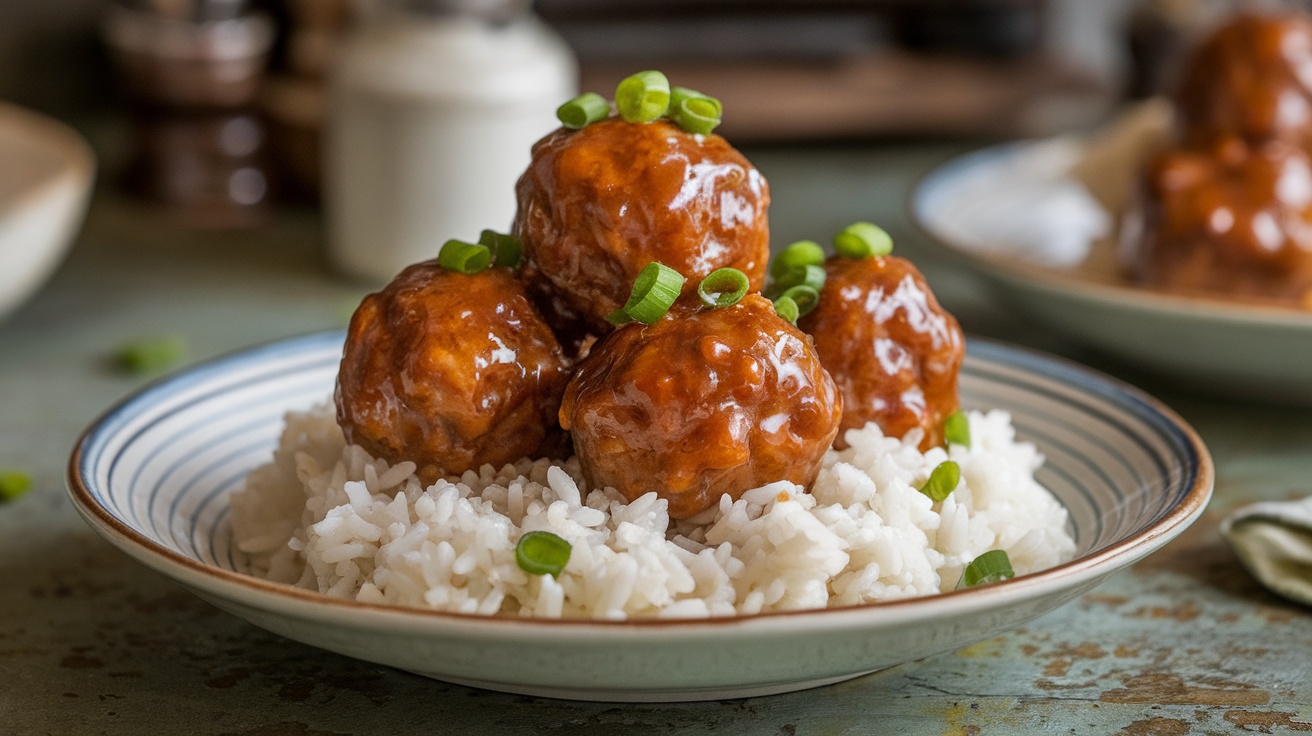 Honey garlic glazed meatballs on rice, garnished with green onions, served on a rustic table.