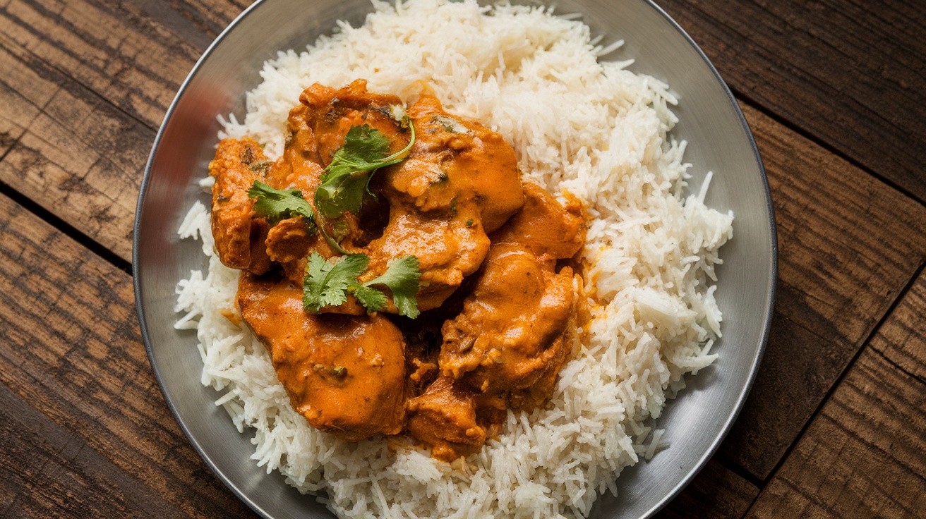 A colorful serving of Indian Butter Chicken with rice and cilantro garnish.