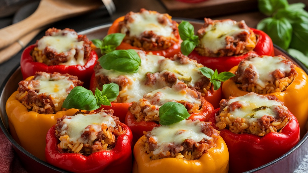 A baking dish filled with Italian stuffed bell peppers, topped with melted cheese and garnished with basil.