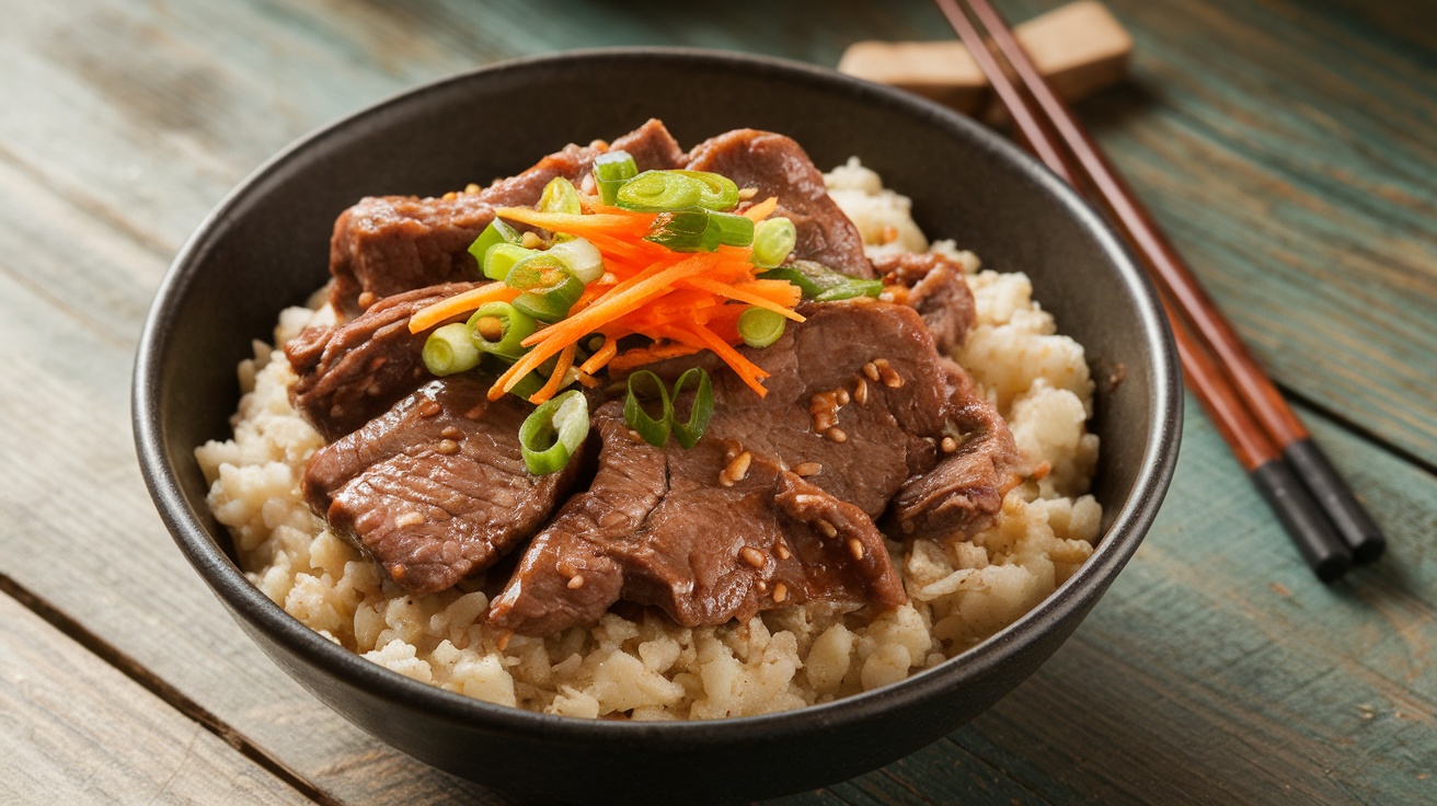 A delicious Korean Beef Bowl with cauliflower rice topped with green onions and carrots on a rustic wooden table.