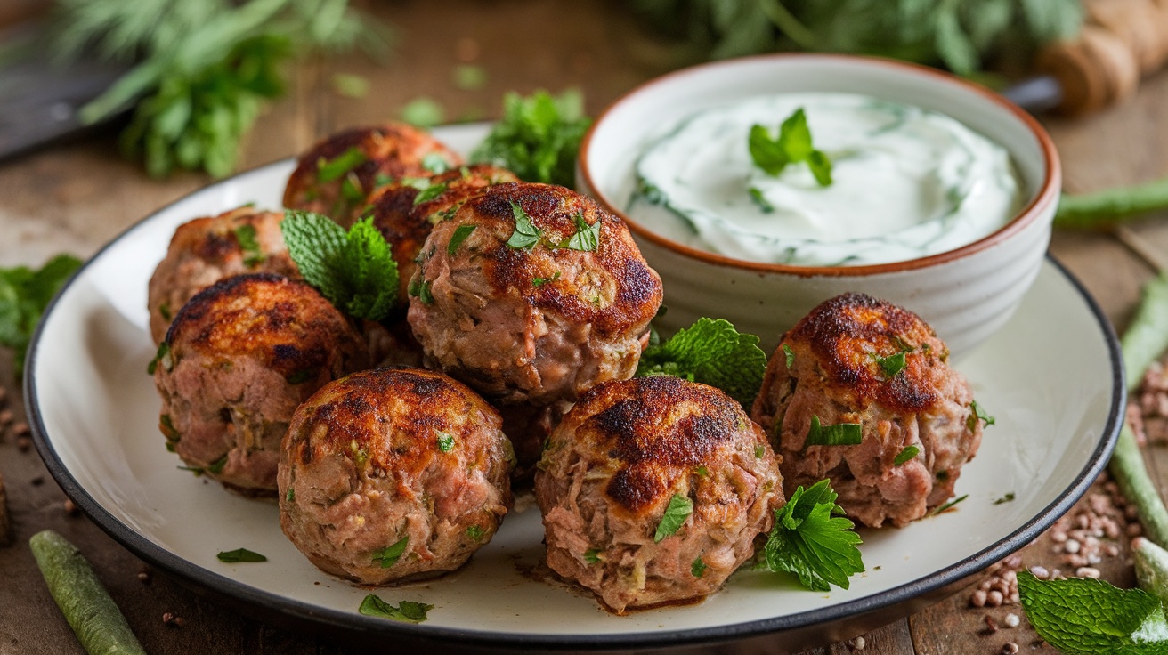 Delicious lamb kofta meatballs on a plate with cucumber yogurt sauce and garnished with parsley and mint.