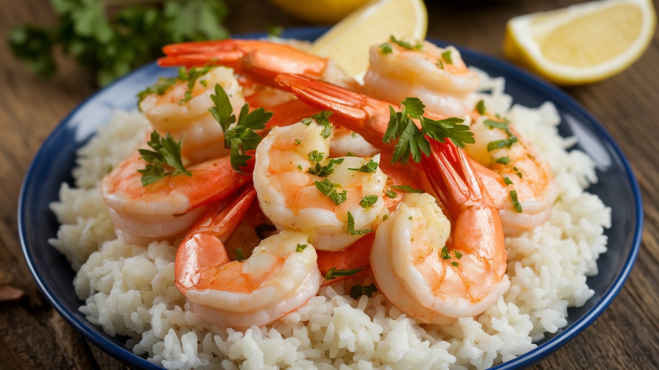 A plate of lemon garlic butter shrimp on rice, garnished with parsley and lemon wedges, on a rustic table.