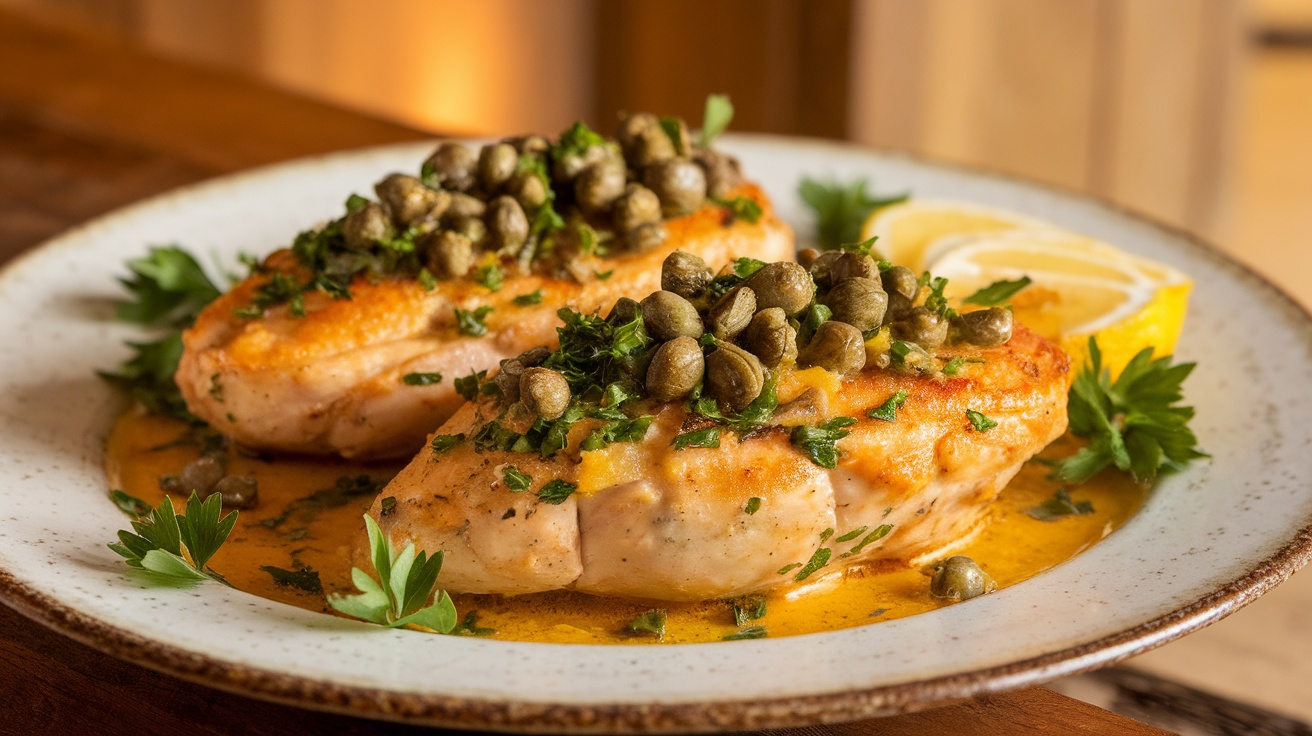 Plated Chicken Piccata with lemon and capers, garnished with parsley, in a cozy kitchen setting.