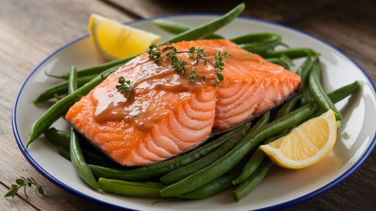 Glazed salmon fillet with green beans and lemon wedges on a rustic wooden table.