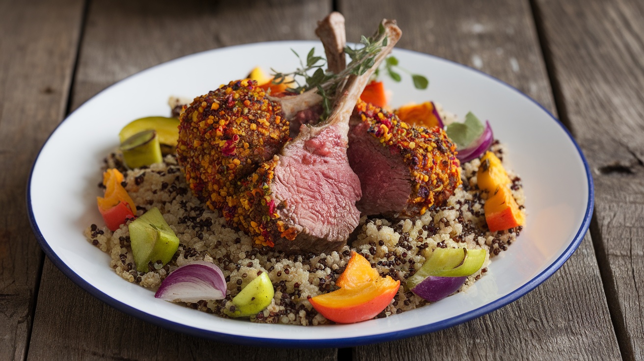 A visually appealing plate of Moroccan spiced lamb with quinoa and roasted vegetables, garnished with fresh herbs.