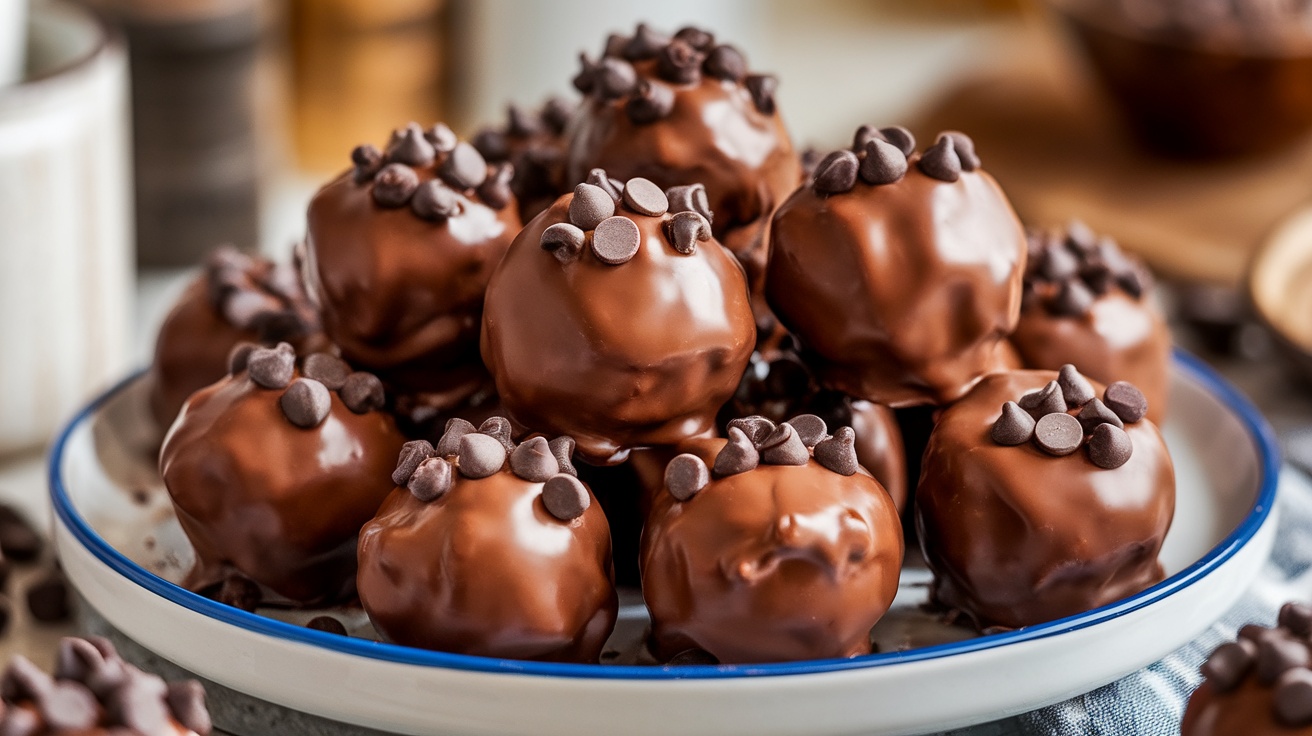 A delicious assortment of no-bake cookie dough bites coated in chocolate, presented on a charming plate.