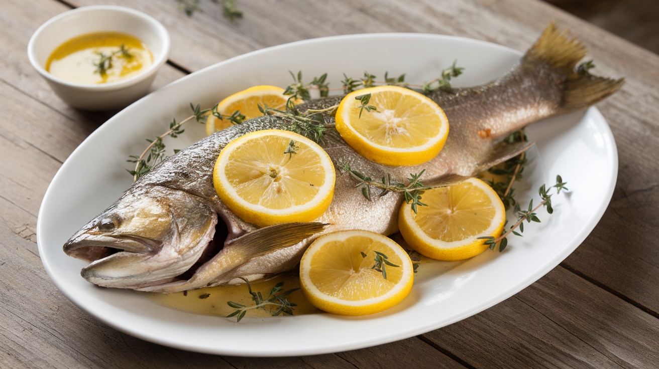 Oven-roasted trout with lemon and thyme, plated elegantly with sauce on a rustic table.