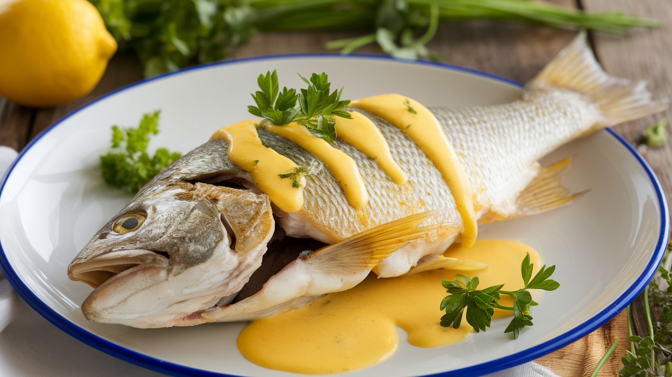 Pan-seared snapper fillets with crispy skin, topped with lemon butter sauce and garnished with parsley on a rustic wooden table.