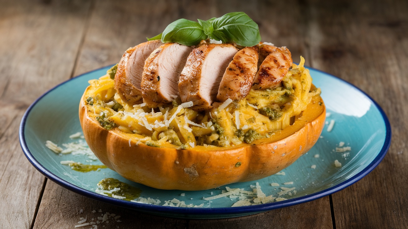 A colorful dish of Pesto Spaghetti Squash with grilled chicken, garnished with basil and Parmesan, on a wooden table.